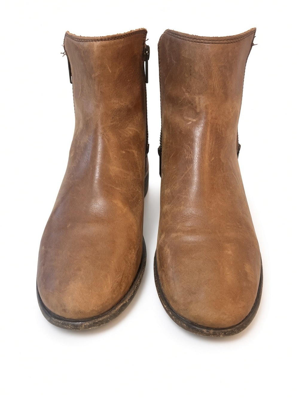 Frye Cognac Leather Zip Ankle Boots 8B NWOB Mexico Distressed Western Booties